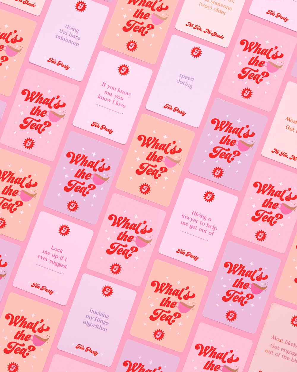 Pattern of 'What's the Tea?' cards with text and graphics on a pink background.