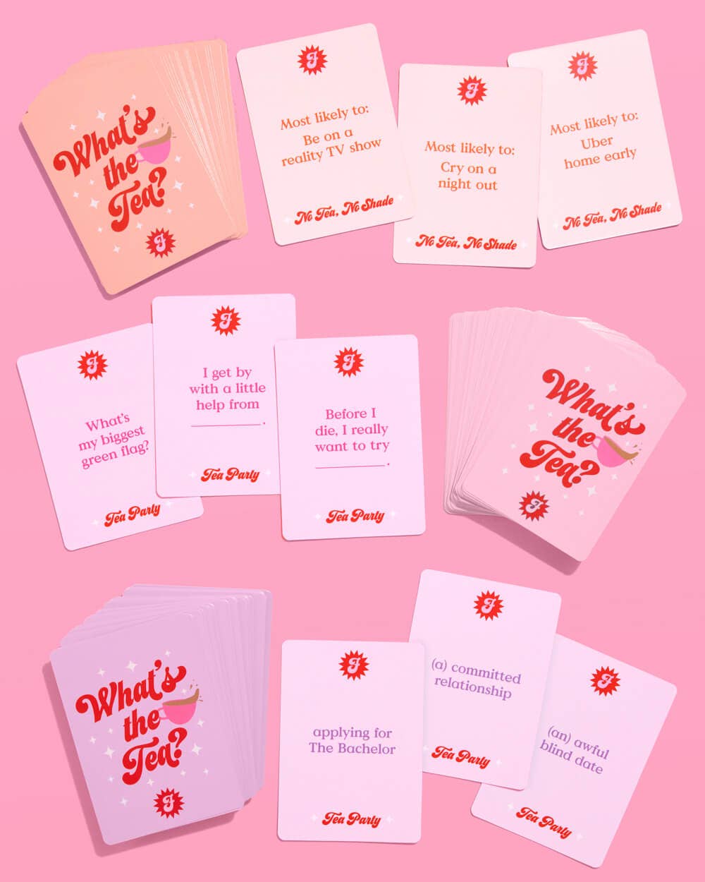 Set of cards with humorous text on a pink background