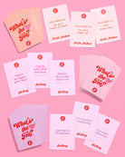 Set of cards with humorous text on a pink background