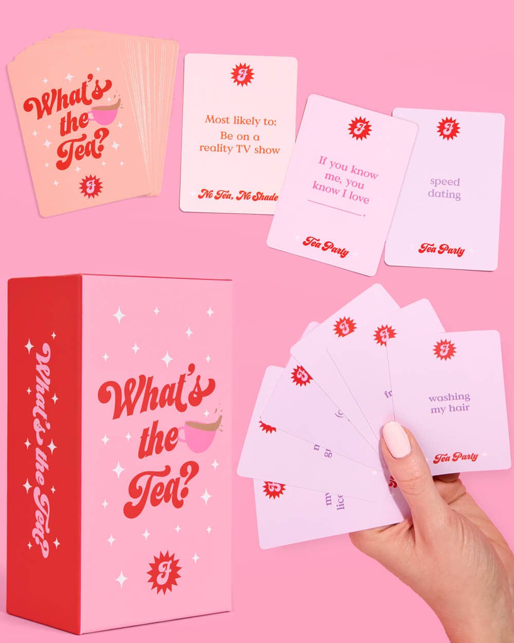 Card game set with 'What's the Tea?' branding on pink background