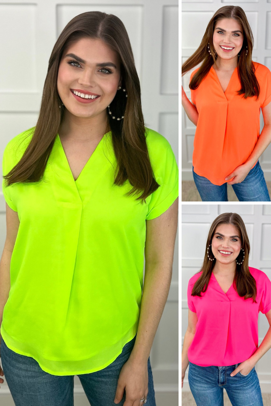 vibrant blouses made of lightweight woven fabric blouse with a flattering draped silhouette, a contemporary V-neckline, rolled short sleeves, a fully lined interior, and no stretch in neon lime, neon orange, and neon pink