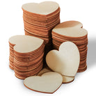 Stacks of heart-shaped wooden cutouts on a white background