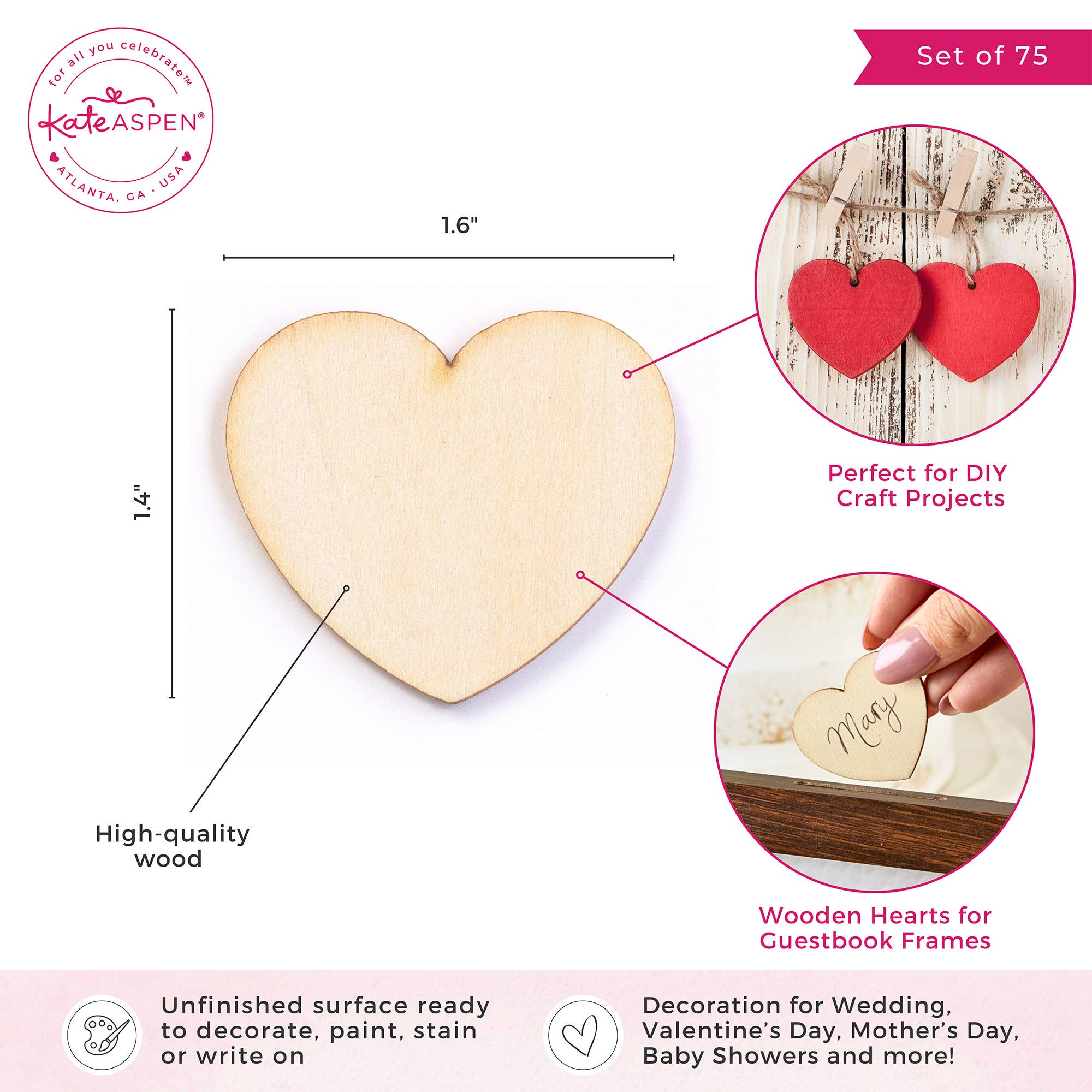 Wooden heart with measurements and uses, branded 'Kate Aspen'.