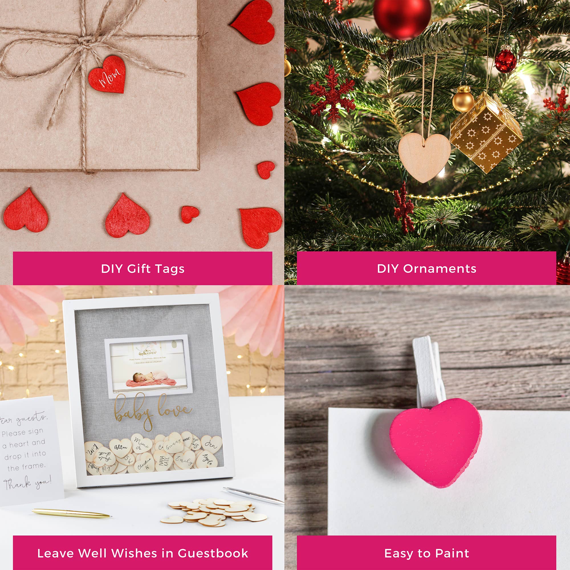 Collage of DIY gift tags, ornaments, and decorations with text labels.