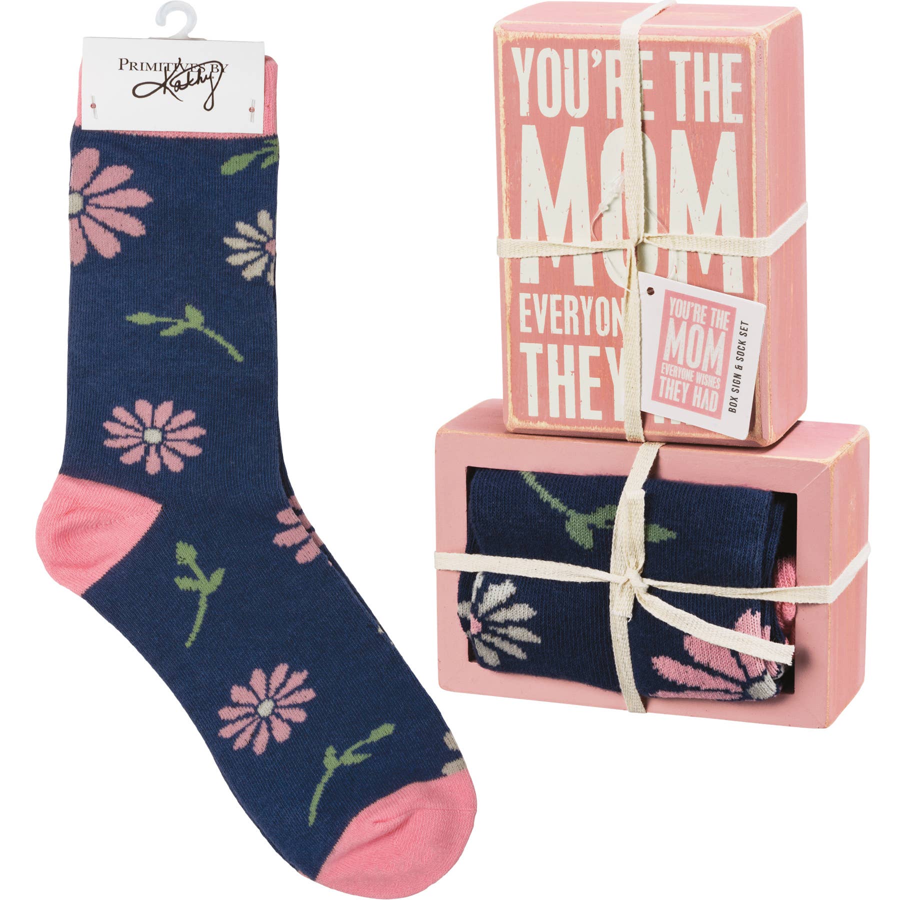 Navy blue socks with pink floral patterns in packaging with a pink box.
