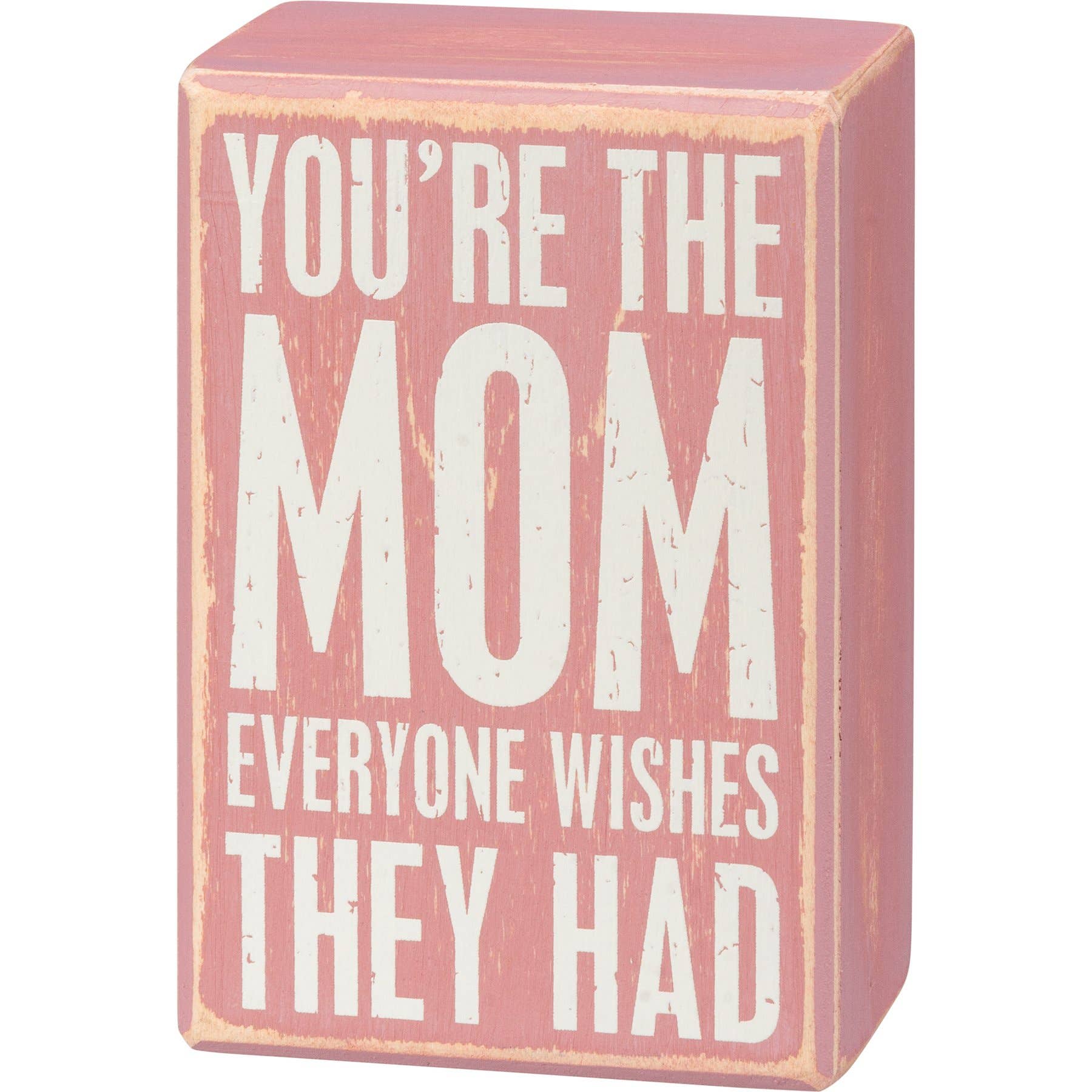 Pink wooden box with white text on a white background