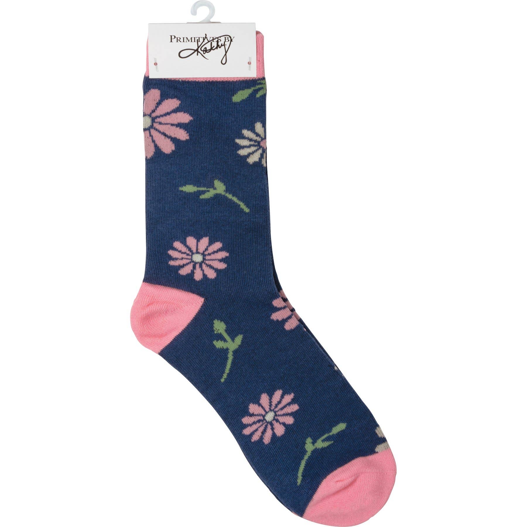 Navy sock with pink flowers on a white background
