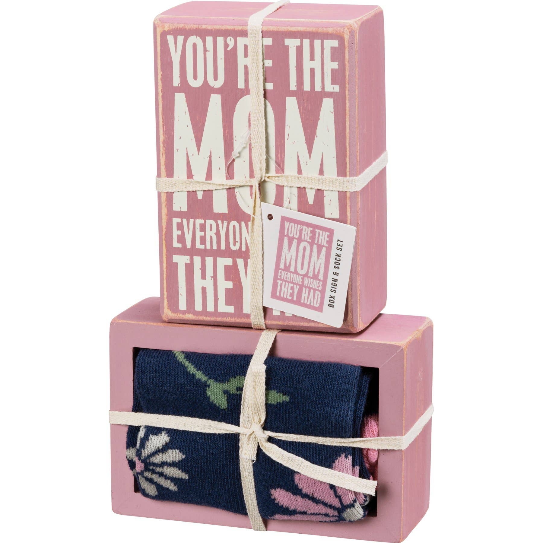 Two pink boxes with text and floral socks inside on a white background