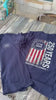 a soft navy unisex Gildan t-shirt with a crew neckline, short sleeves, a front 1776 / 2026 star circle graphic, a bold American flag and 250 YEARS Quarter-Millenial back design, and an easy year-round fit