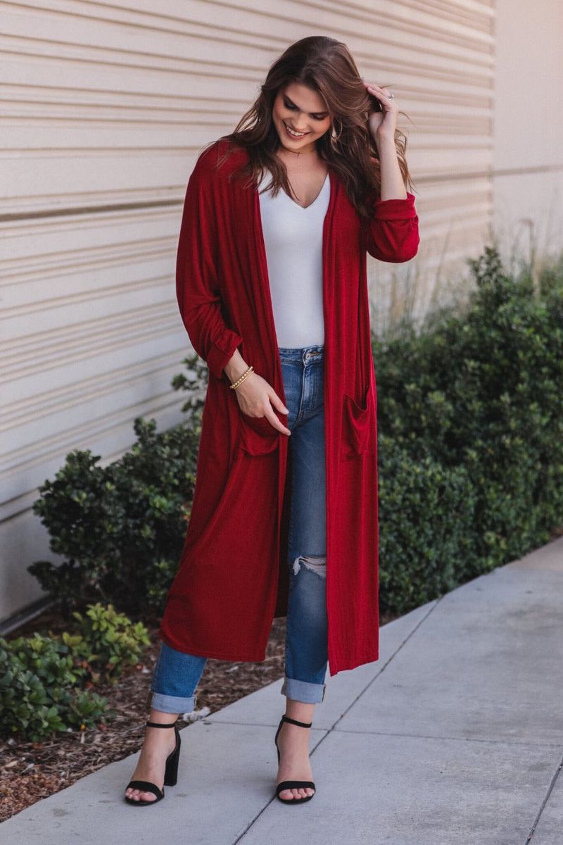 Spiced Up Long Pocket Cardigan RED (Brittany)