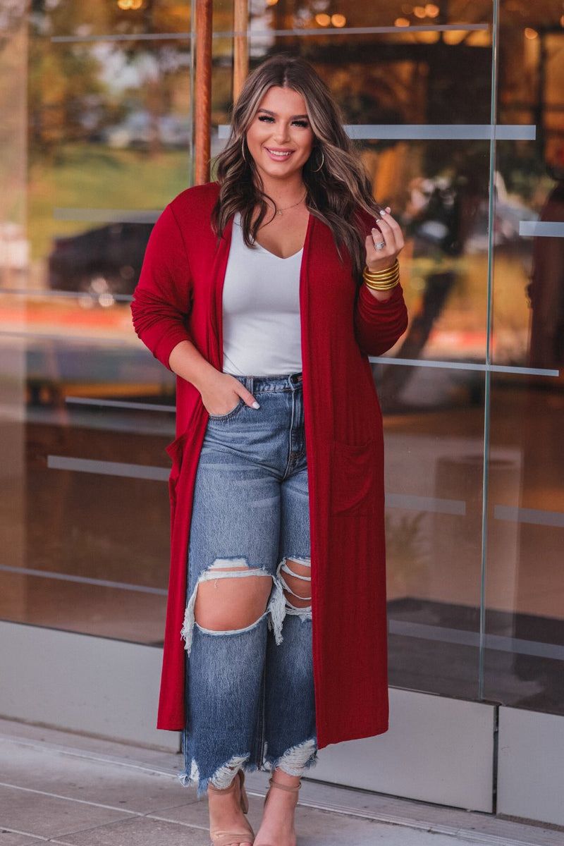 Spiced Up Long Pocket Cardigan RED (Sydney)