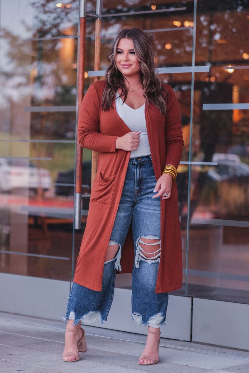 Spiced Up Long Pocket Cardigan RUST (Sydney)