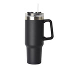 40oz double-wall insulated stainless steel tumbler with screw-on lid, sturdy handle, and reusable straw in in black
