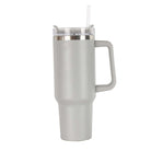 40oz double-wall insulated stainless steel tumbler with screw-on lid, sturdy handle, and reusable straw in dark grey