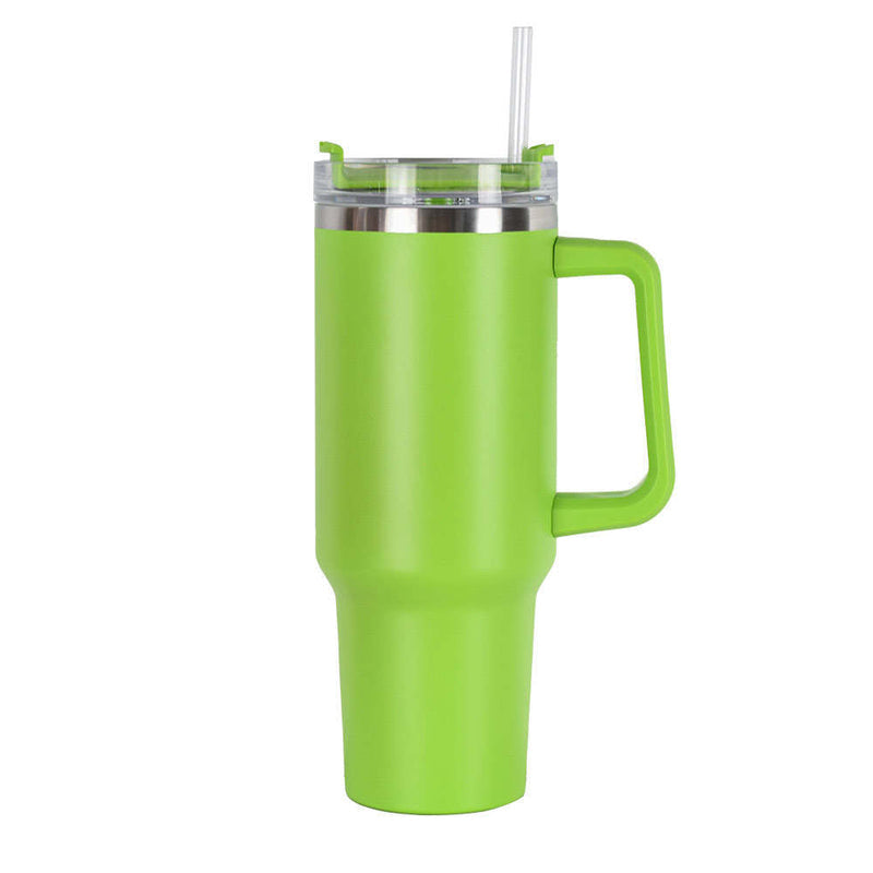 40oz double-wall insulated stainless steel tumbler with screw-on lid, sturdy handle, and reusable straw in green