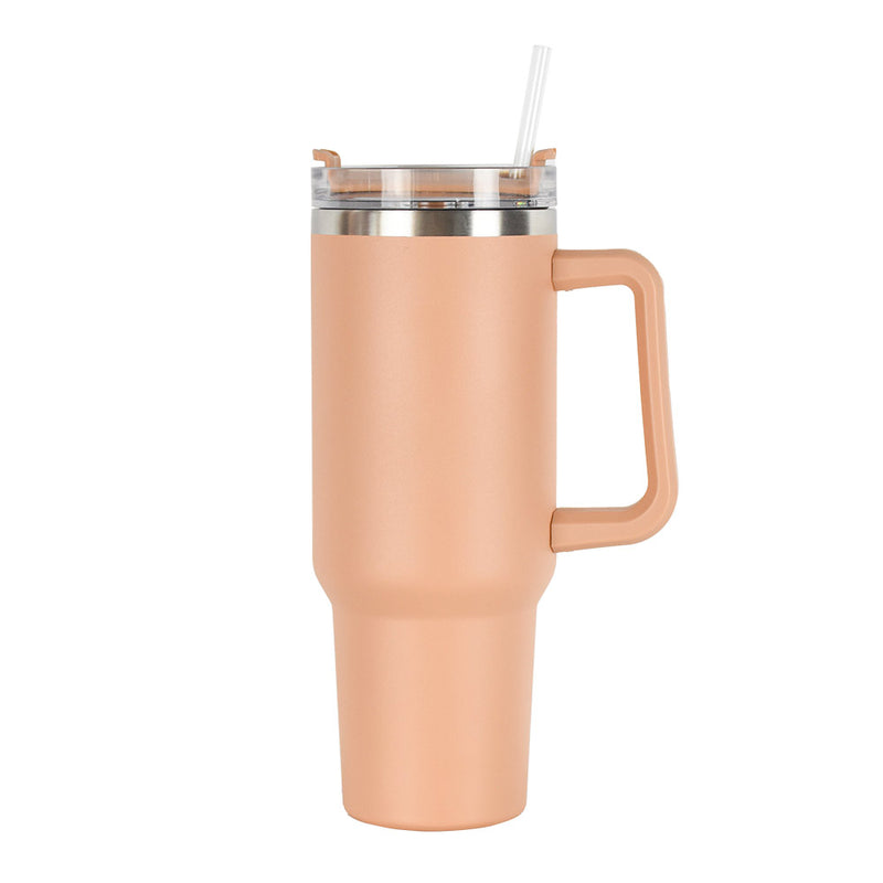 40oz double-wall insulated stainless steel tumbler with screw-on lid, sturdy handle, and reusable straw in khaki