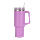 40oz double-wall insulated stainless steel tumbler with screw-on lid, sturdy handle, and reusable straw in lavender