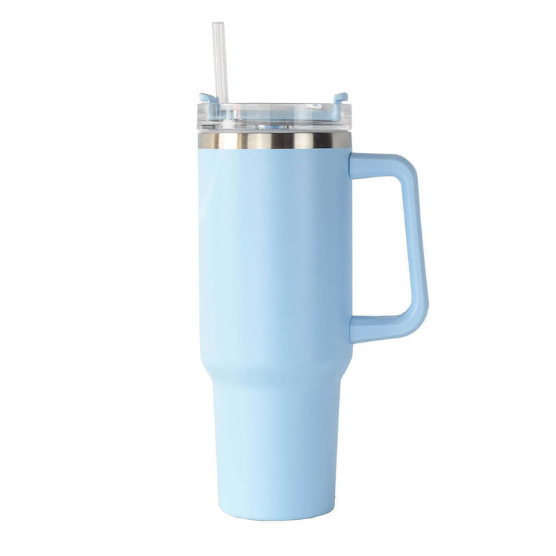 40oz double-wall insulated stainless steel tumbler with screw-on lid, sturdy handle, and reusable straw in light blue