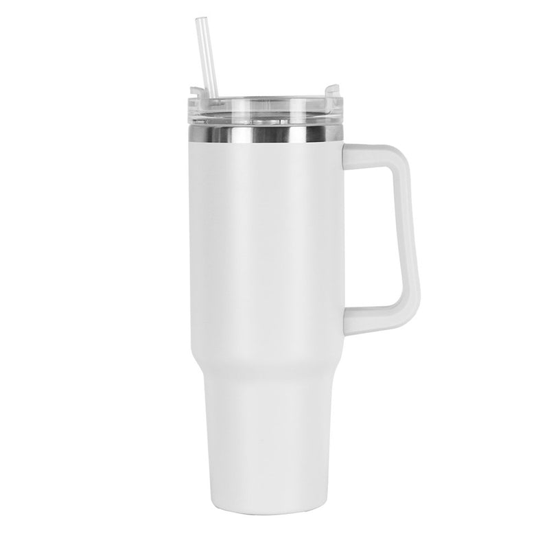 40oz double-wall insulated stainless steel tumbler with screw-on lid, sturdy handle, and reusable straw in light grey