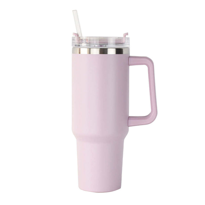 40oz double-wall insulated stainless steel tumbler with screw-on lid, sturdy handle, and reusable straw in light pink