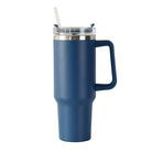 40oz double-wall insulated stainless steel tumbler with screw-on lid, sturdy handle, and reusable straw in navy