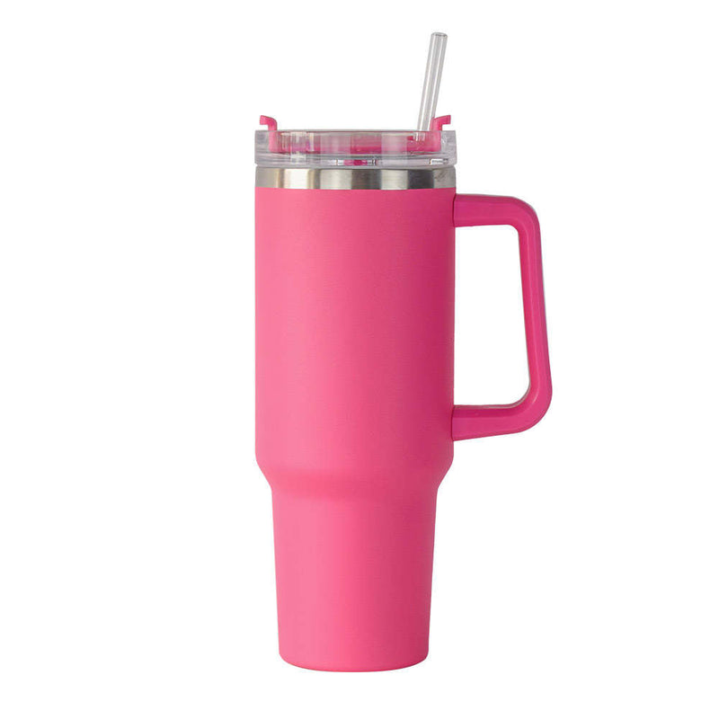 40oz double-wall insulated stainless steel tumbler with screw-on lid, sturdy handle, and reusable straw in pink