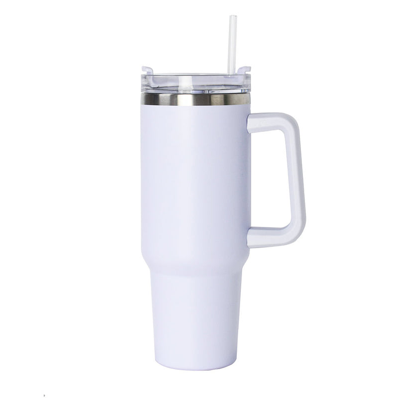40oz double-wall insulated stainless steel tumbler with screw-on lid, sturdy handle, and reusable straw in white