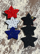 Americana-inspired beaded star earrings with red, white, and blue details, felt backing, and a push-back closure