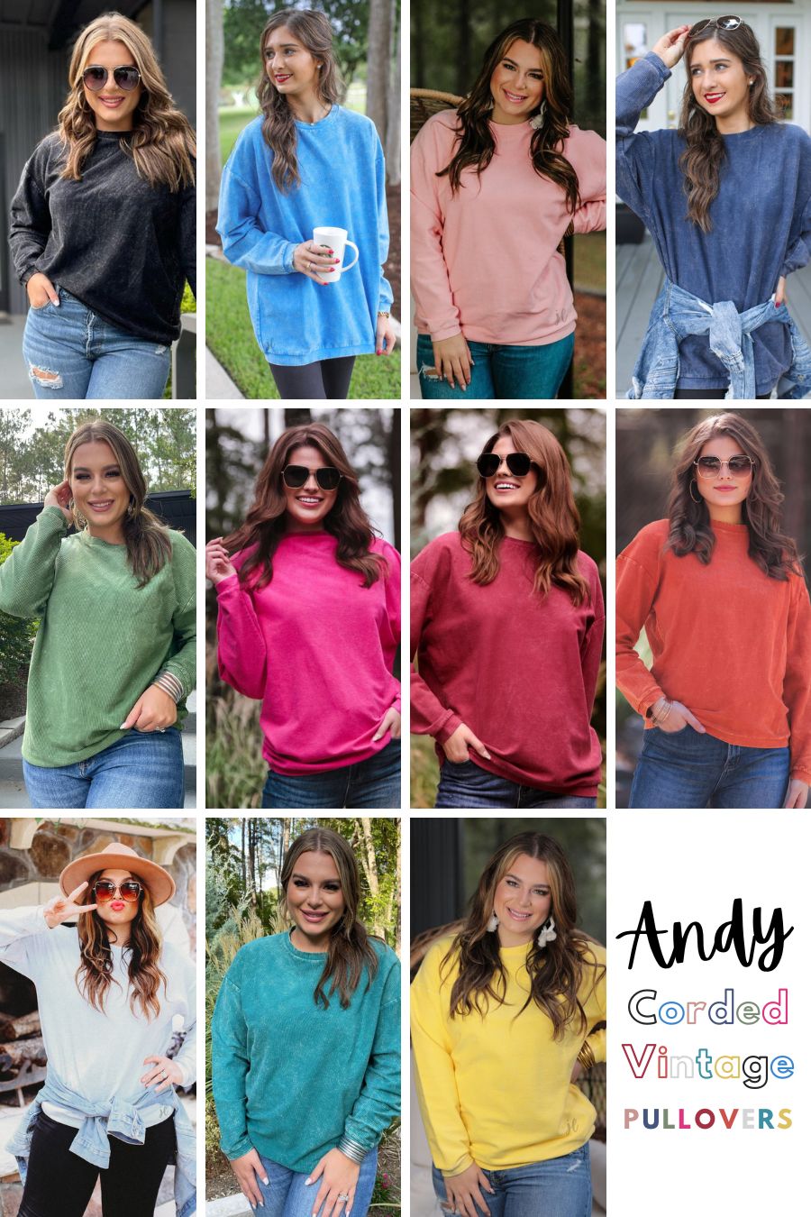 a long-sleeve ribbed textured pullover with a crew neck collar, a vintage wash, and a relaxed fit in black, blue, blush, navy, olive, pink, red, rust, silver, teal and yellow