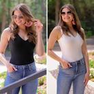 one-piece bodysuit made of soft and stretchy lightweight material with a v-neckline, sleeveless shoulder straps with a racerback fit, and a form-fitting silhouette that falls into a cheeky fit with a snap button closure in black and ivory