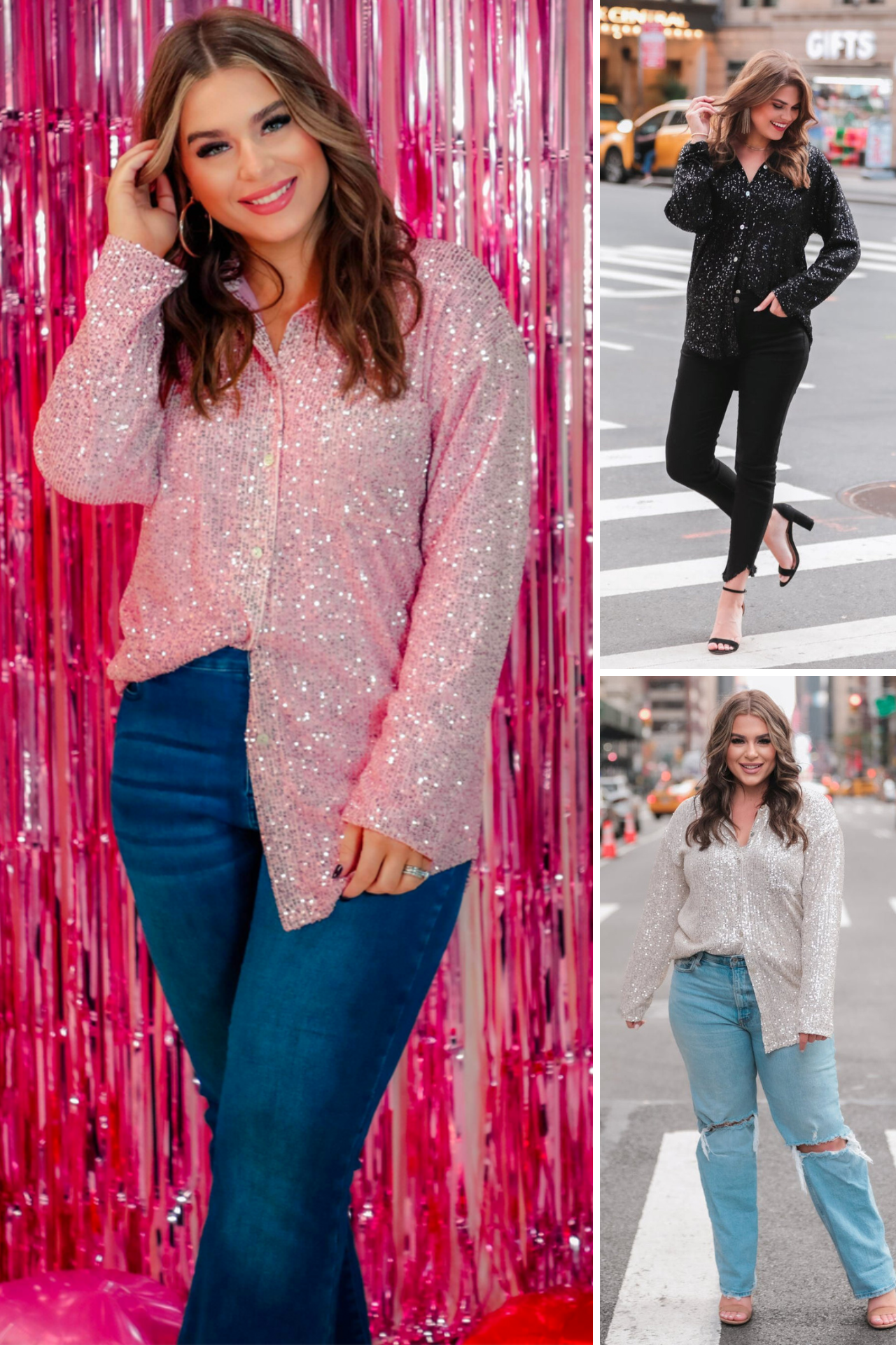 a loose long-sleeve top made of lightweight material covered in shimmering sequins with a collared neckline, fitted button closure cuffs, an accent chest pocket, and a relaxed button-up silhouette that falls into a round high-low hemline in black, champagne, and pink