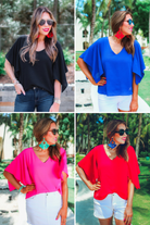 v-neck blouses crafted from lightweight textured fabric with asymmetrical half-flutter sleeves, front lining, and a relaxed fit in black, blue, pink, and red