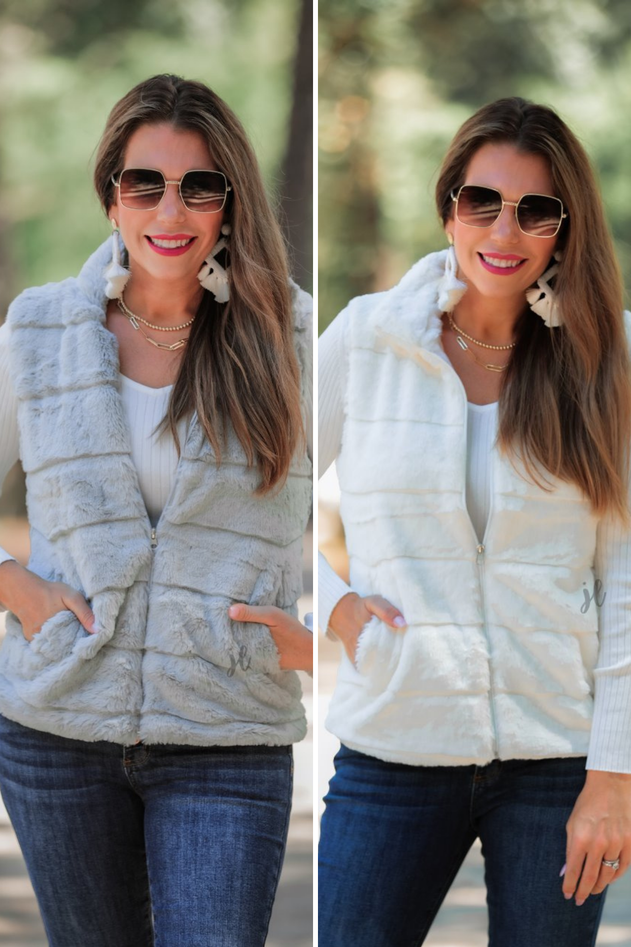 sleeveless faux fur vest with a foldable collar a front zip, and front pockets made of super soft fabric that fits slightly oversized in grey and white