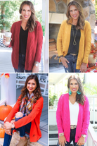 long-sleeve, open front cardigan crafted from cable knit textured fabric with a relaxed fit in cranberry, mustard, orange, and pink