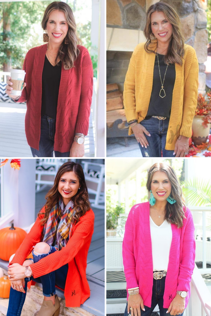 super soft and cozy cable knit fabric with an open front and relaxed fit in cranberry (top left), mustard (top right), orange (bottom left), and pink (bottom right)