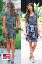 oversized A-line pocket dresses with a V-neckline, short sleeves, side pockets, a curved hem, and a terry cloth texture in green and grey with a MADE IN USA watermark in the bottom lefthand corner