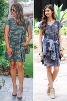 oversized A-line pocket dress with a V-neckline, short sleeves, side pockets, a curved hem, and a terry cloth texture in green and grey
