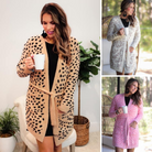 long sleeve wrap robe patterned with animal print, a straight mid-thigh length hemline, and a relaxed open front silhouette with a belt closure made of super soft material in brown spotted (left), ivory leopard (top right), and pink leopard (bottom right)