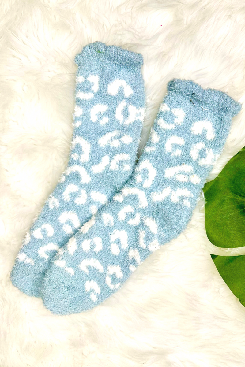 ultra-soft fuzzy socks with a playful animal print in blue