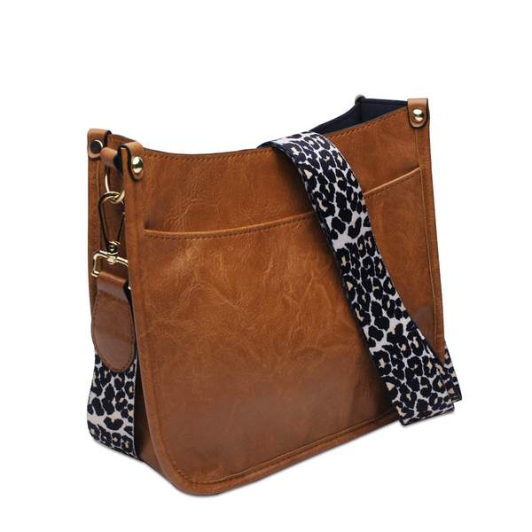 Beige Vegan Leather Crossbody Bag with Leopard Canvas Strap