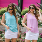 a sleeveless woven top with ruffle trim, a V-neckline, side slits, and relaxed non-stretch fit in aqua and lavender