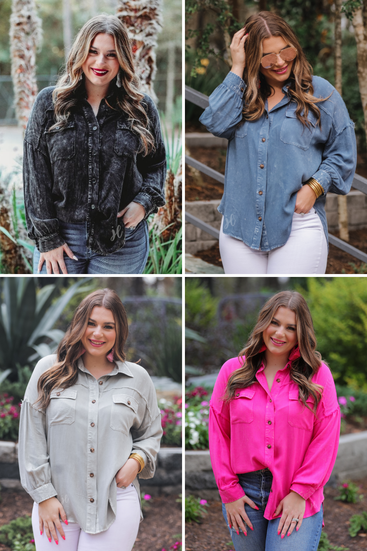 loose long-sleeve top made of soft lightweight material with a button up front, a collared neckline, button closure cuffs, two oversized accent chest pockets, and a slouched silhouette that falls into a rounded hemline with an oversized fit on an acid-washed colored fabric in black, chambray, grey, and hot pink