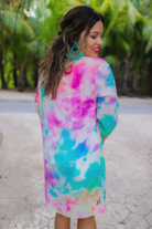 lightweight breezy material, multi-colored tie-dye print, half sleeves, and a relaxed open-front silhouette