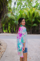 lightweight breezy material, multi-colored tie-dye print, half sleeves, and a relaxed open-front silhouette