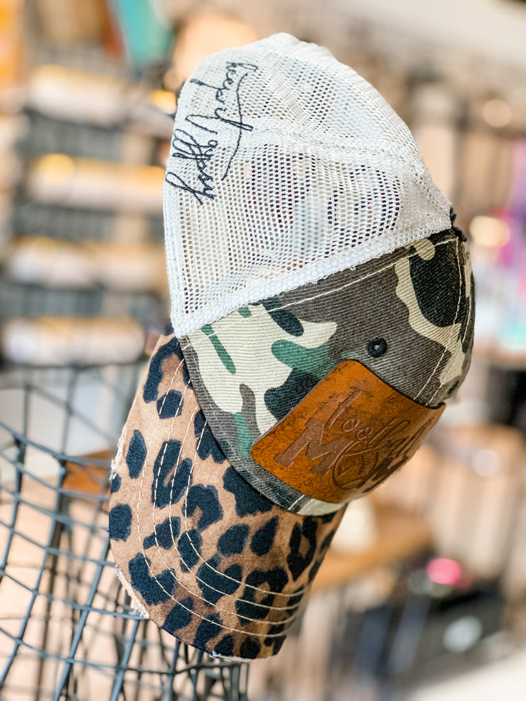 "Football Mom" Patch Distressed Mesh Hat - Camo/Leopard (Side