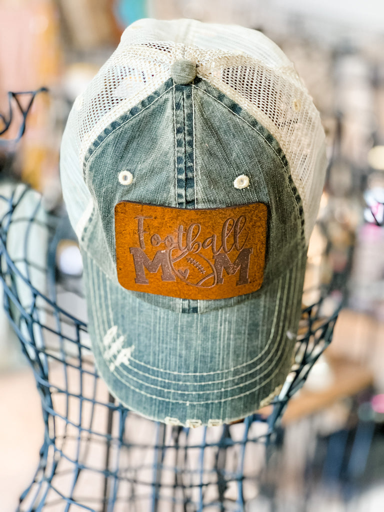 "Football Mom" Patch Distressed Mesh Hat - Denim (Front)