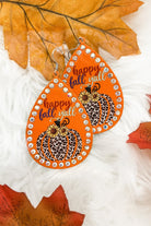 lightweight, seasonal-inspired leopard-theme teardrop-shaped earrings outlined in rhinestones with a fish hook in orange leopard pumpkin