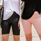 lightweight high-rise biker shorts crafted from buttery soft faux leather with an elastic waistband for tummy control and a flattering figure-hugging short silhouette in black and mauve