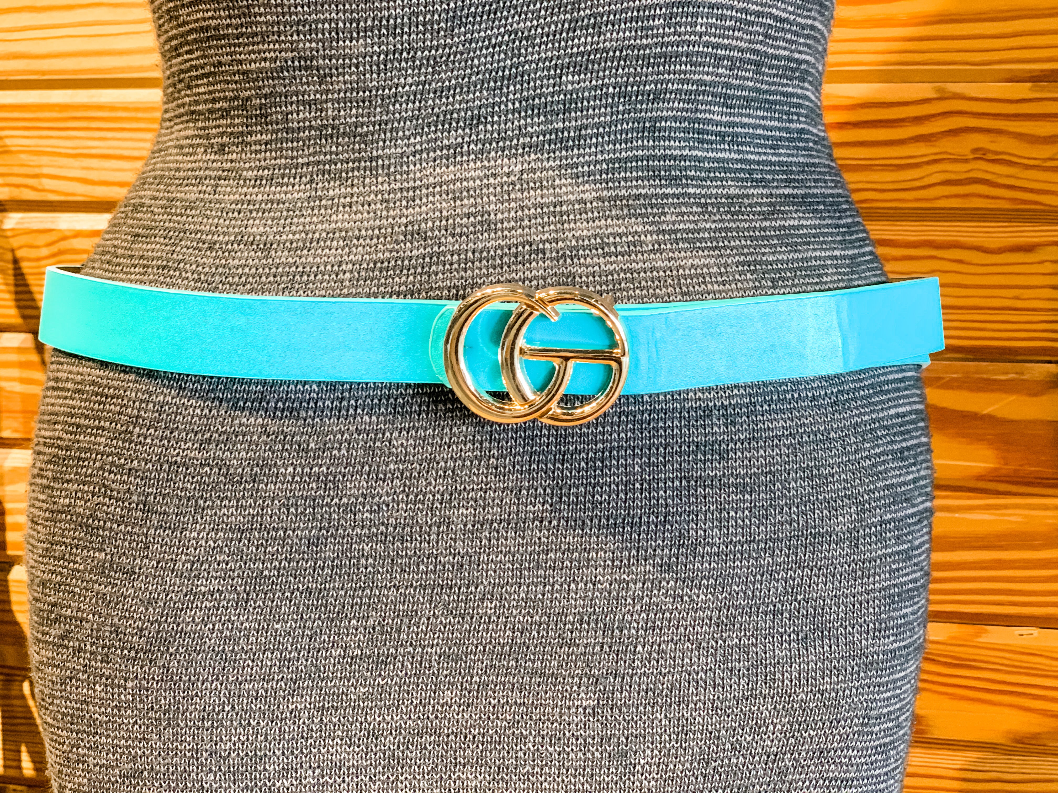 double metal ring faux leather buckle belt in turquoise
