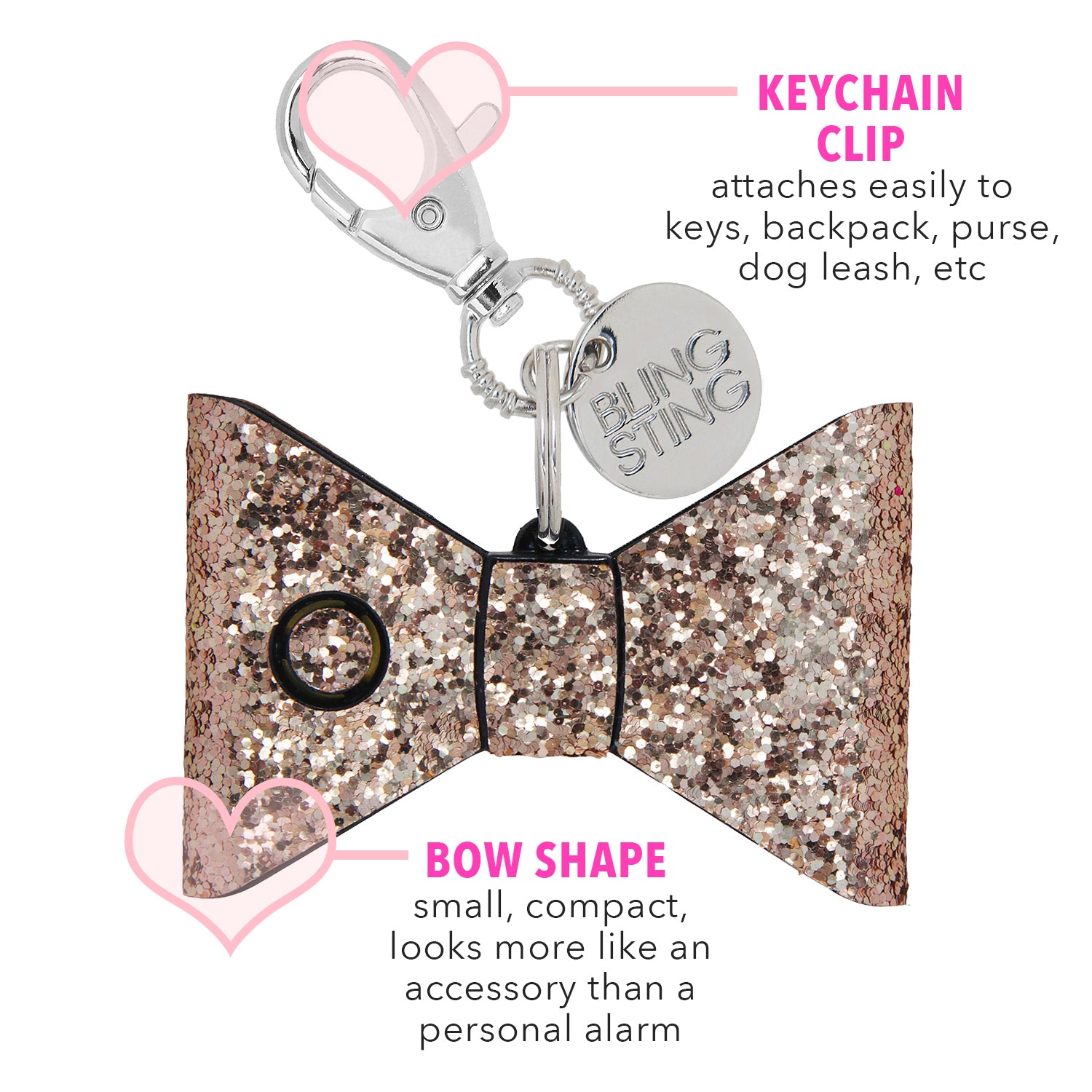 small compact personal safety alarm in a glittery bow shape with a keychain clip, an oversized lobster clip, a pink trigger button, and an LED safety light button operating on a 12-volt A23 battery available in rose gold